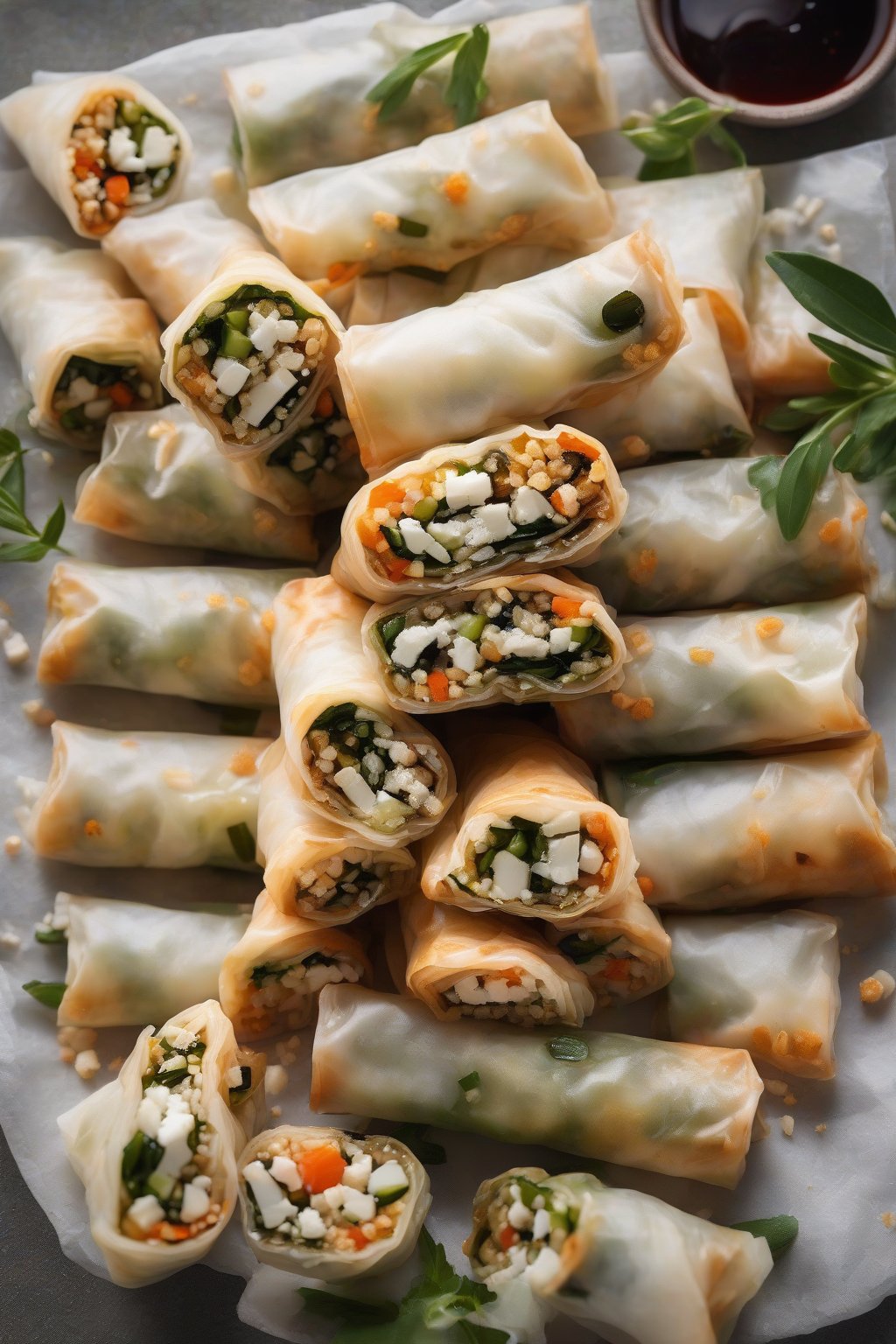 A high-resolution photo of Mediterranean feta and olive spring rolls sliced to show feta crumble, under soft lighting.