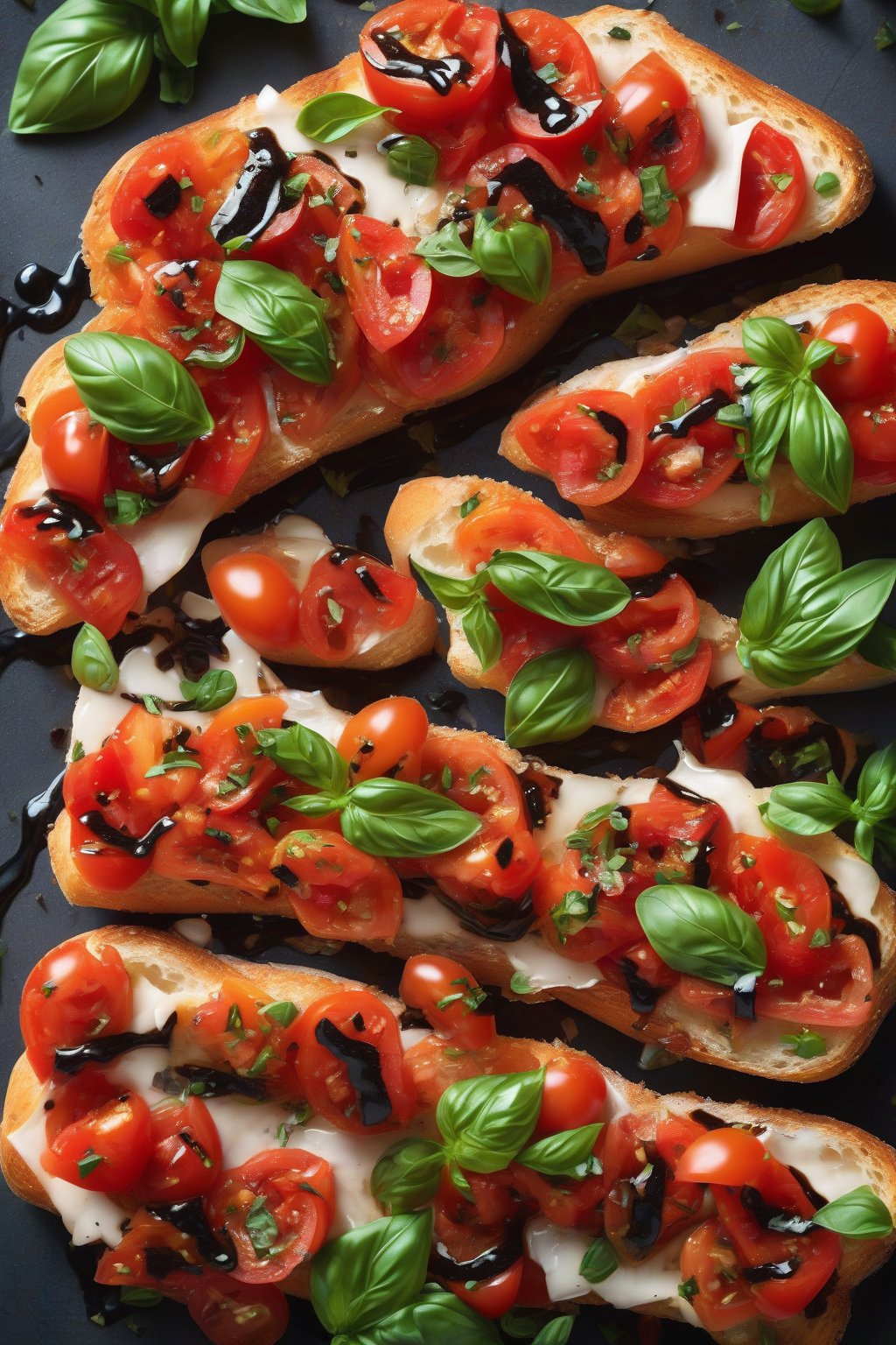 A high-resolution photo of golden toasted baguette slices topped with vibrant diced tomatoes, fresh basil, and a balsamic drizzle under soft lighting.