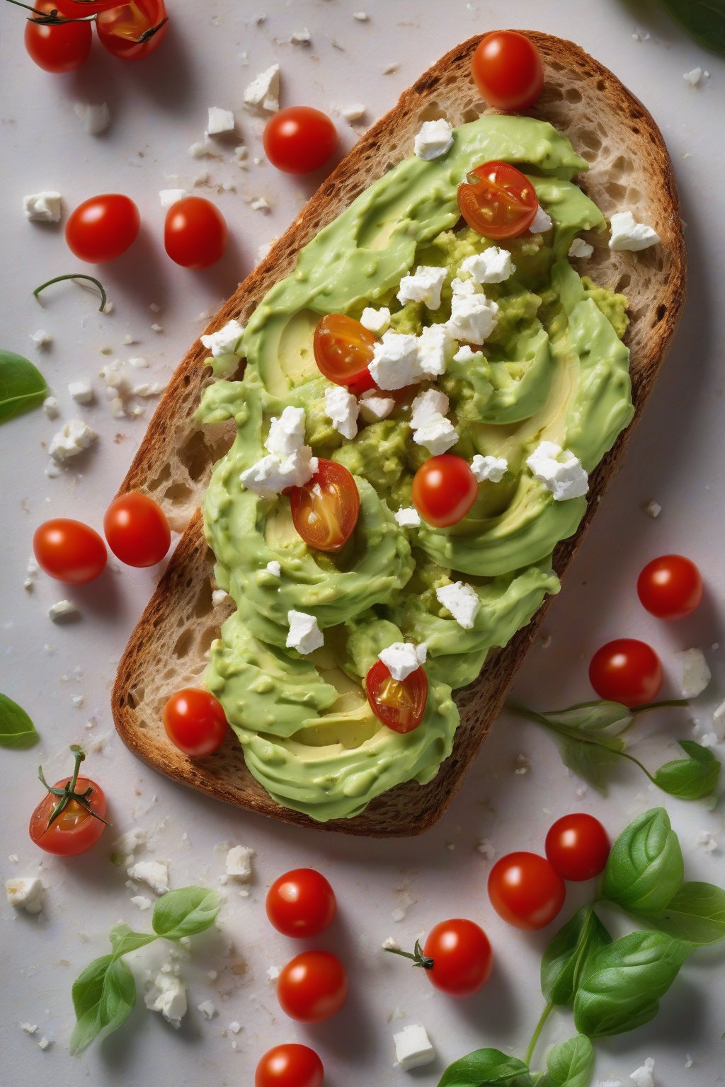 A high-resolution photo of creamy green avocado spread on toasted bread with crumbled white feta and red cherry tomatoes under soft lighting.