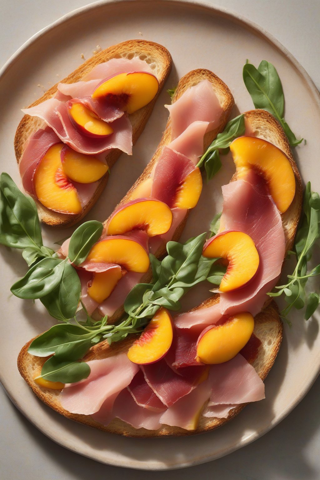 A high-resolution photo of juicy peach slices, pink prosciutto, and peppery arugula on golden toast under soft lighting.