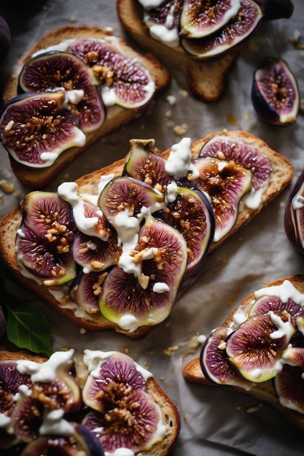 A high-resolution photo of purple figs, creamy goat cheese, and honey drizzle on rustic bread under soft lighting.