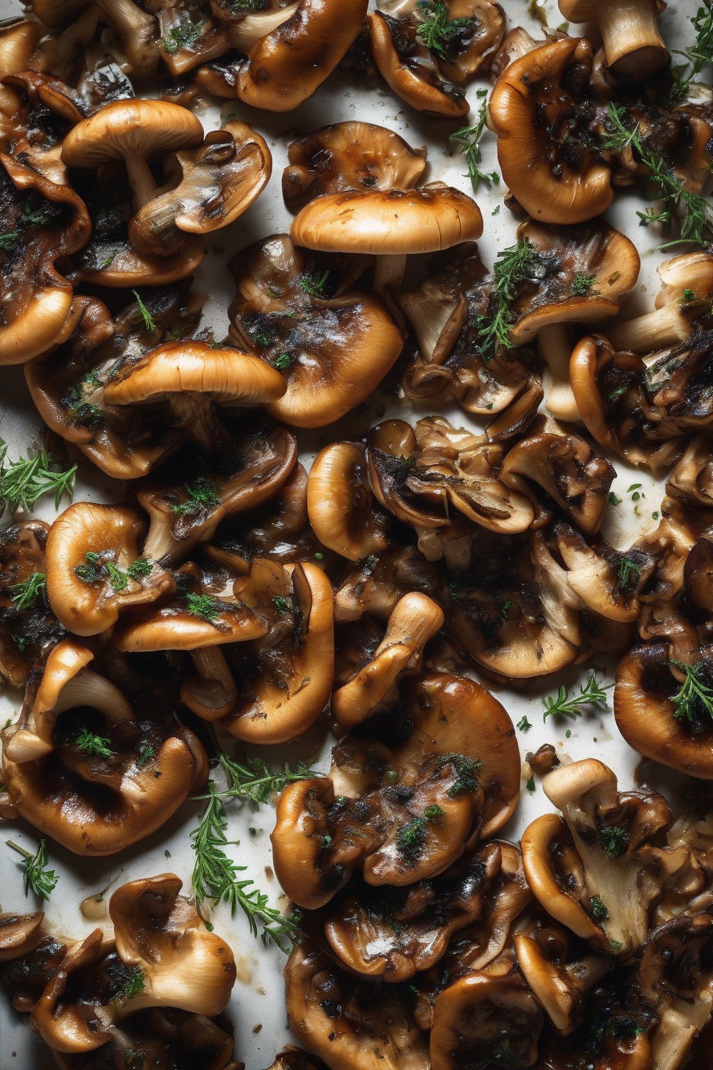 A high-resolution photo of caramelized mushrooms scattered with thyme on toasted slices under soft lighting.
