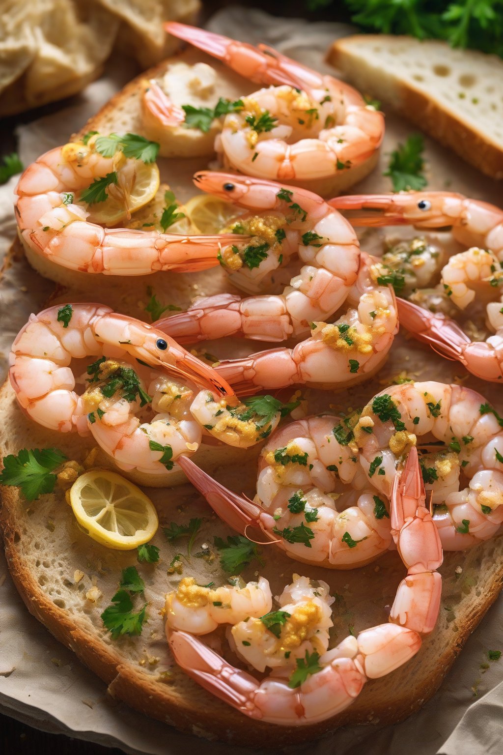 A high-resolution photo of pink shrimp with golden garlic bits and parsley on crusty bread under soft lighting.