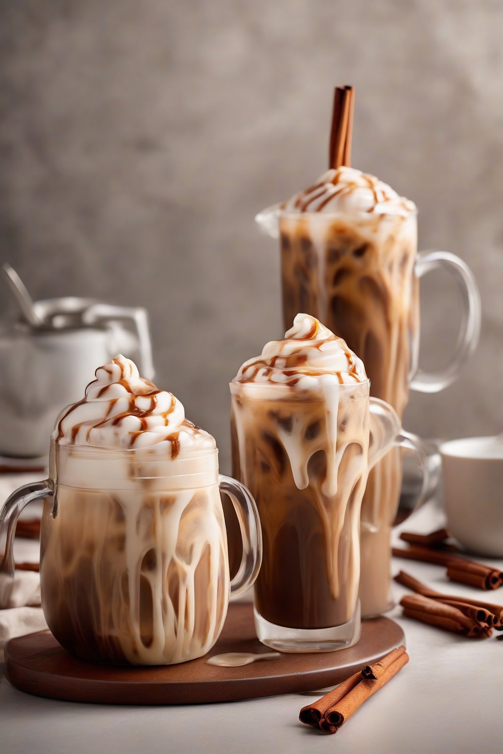 A high-resolution photo of cinnamon roll iced coffee with cinnamon stick and icing drizzle, steam-like condensation, under soft lighting.