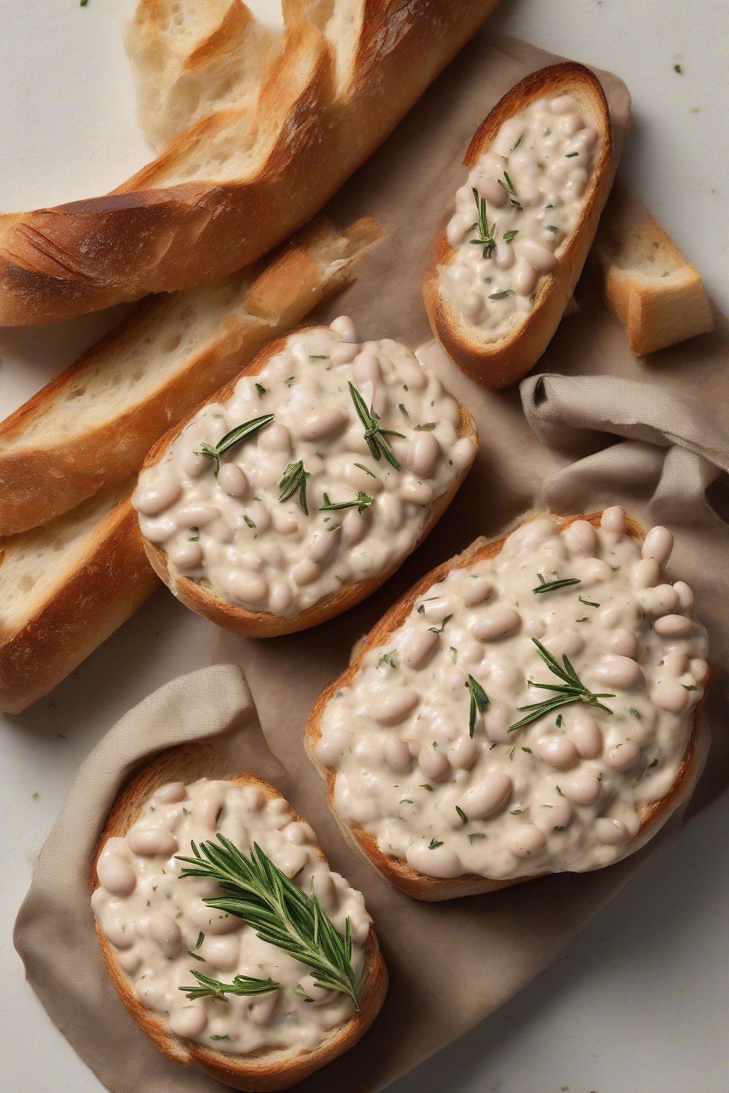 A high-resolution photo of creamy white bean spread flecked with rosemary on toasted baguette under soft lighting.