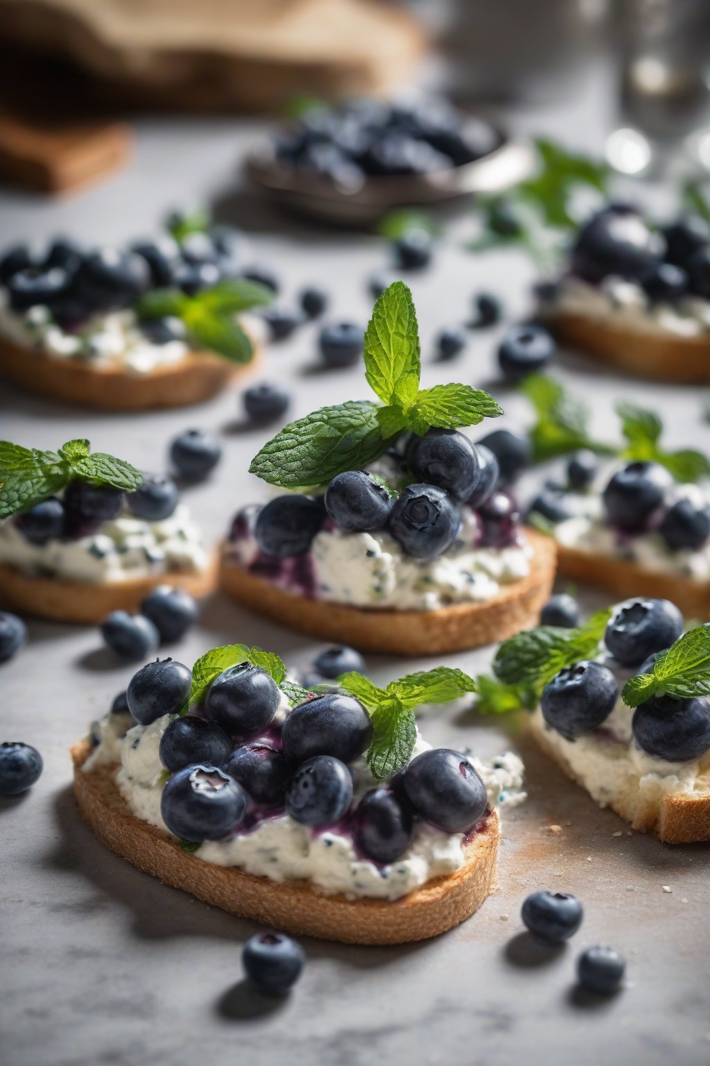 A high-resolution photo of fluffy ricotta topped with bursting blueberries and mint on crisp bread under soft lighting.