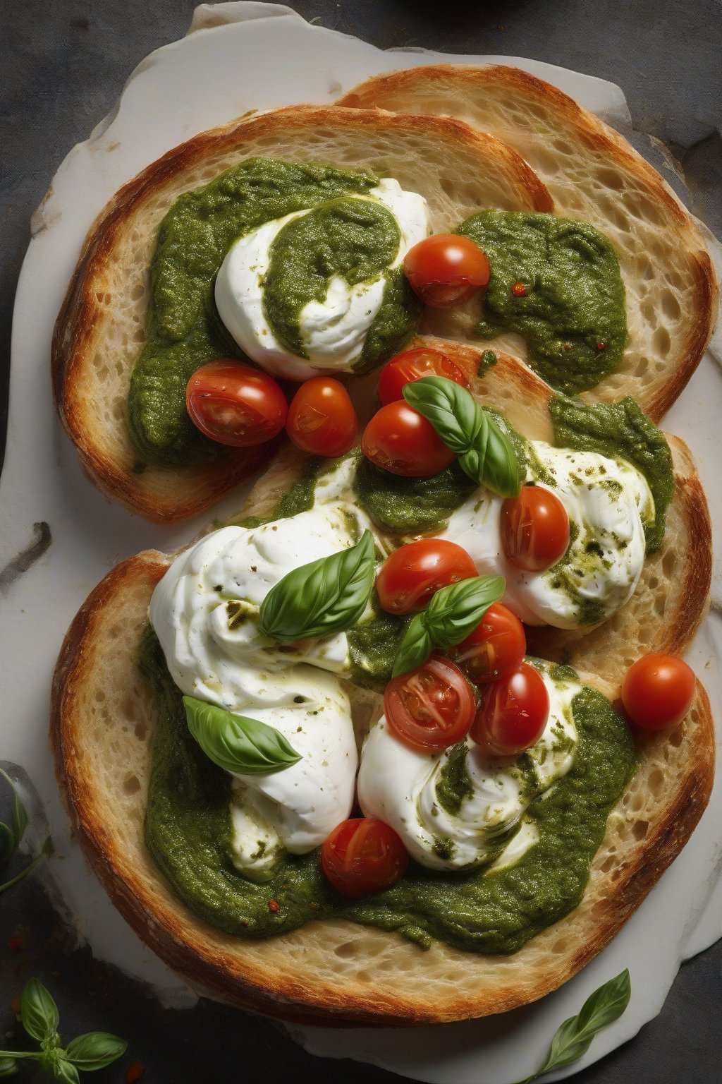 A high-resolution photo of oozy burrata, green pesto swirls, and red tomatoes on toasted slices under soft lighting.