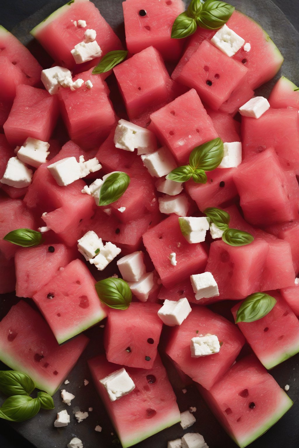 A high-resolution photo of pink watermelon cubes, white feta, and basil on golden bread under soft lighting.