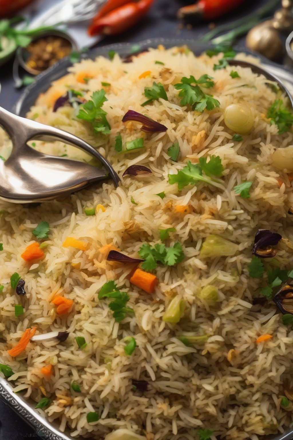 A close-up photo of steaming classic mixed vegetable pulao garnished with fried onions under soft lighting.