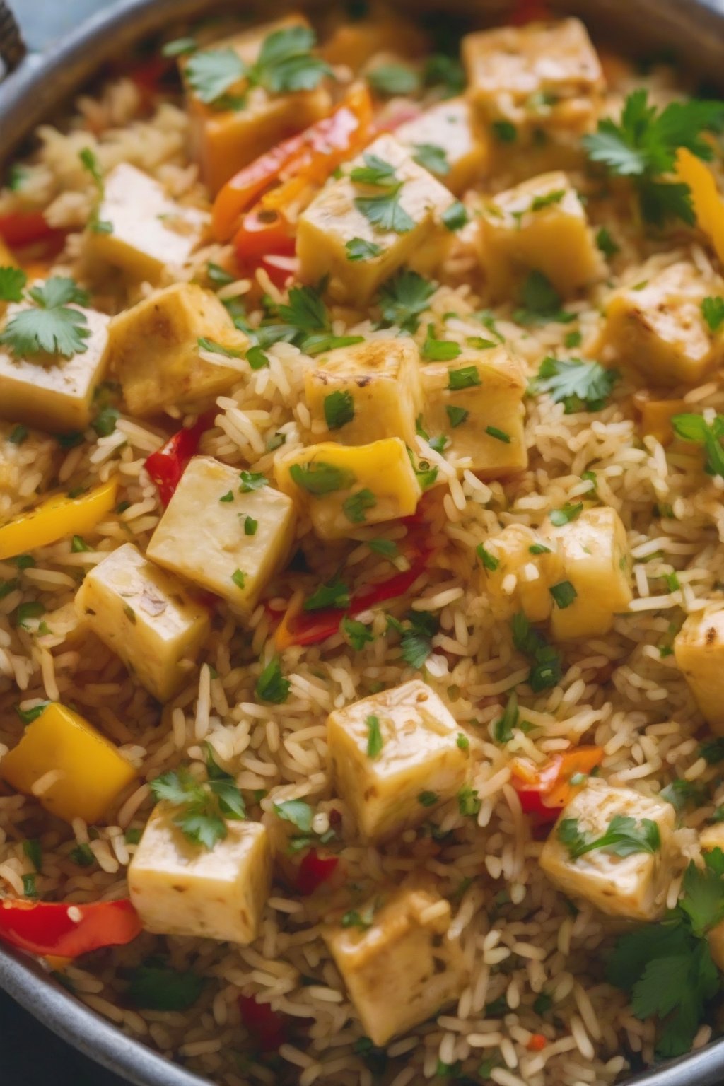 A close-up photo of golden paneer and bell pepper pulao topped with cilantro under soft lighting.