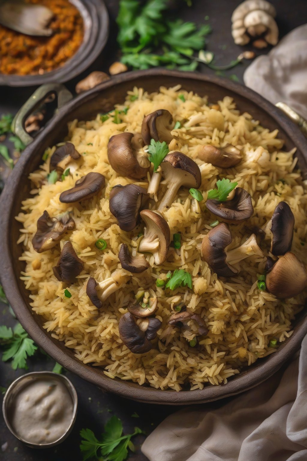 A close-up photo of savory mushroom masala pulao with cauliflower bits under soft lighting.