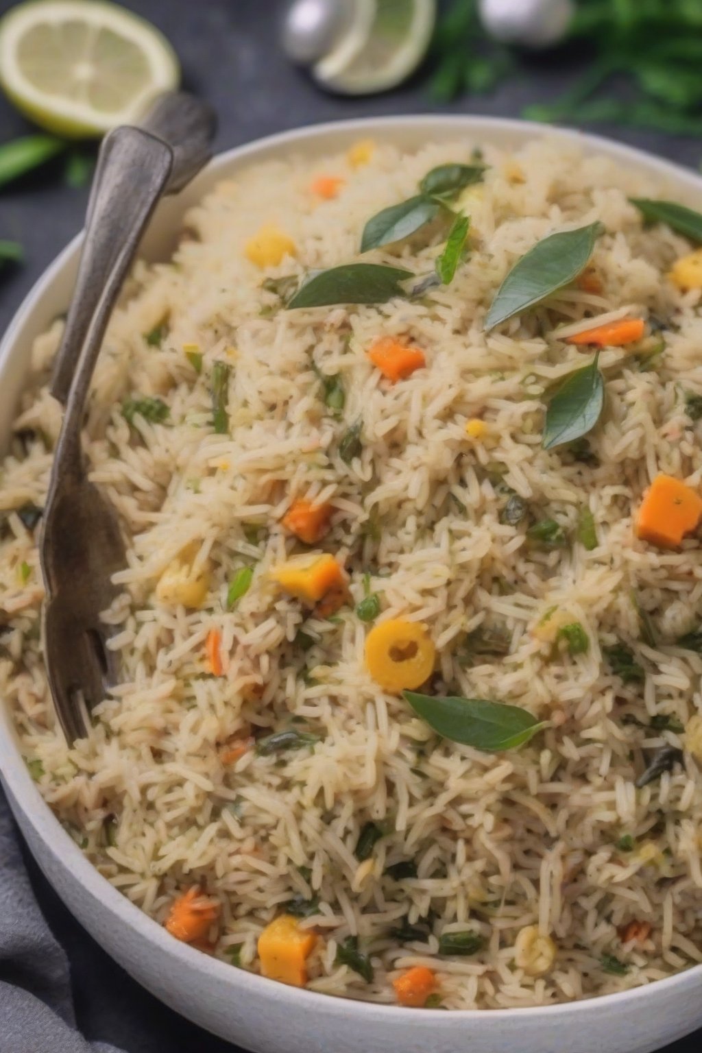 A close-up photo of creamy coconut milk veg pulao with curry leaves under soft lighting.
