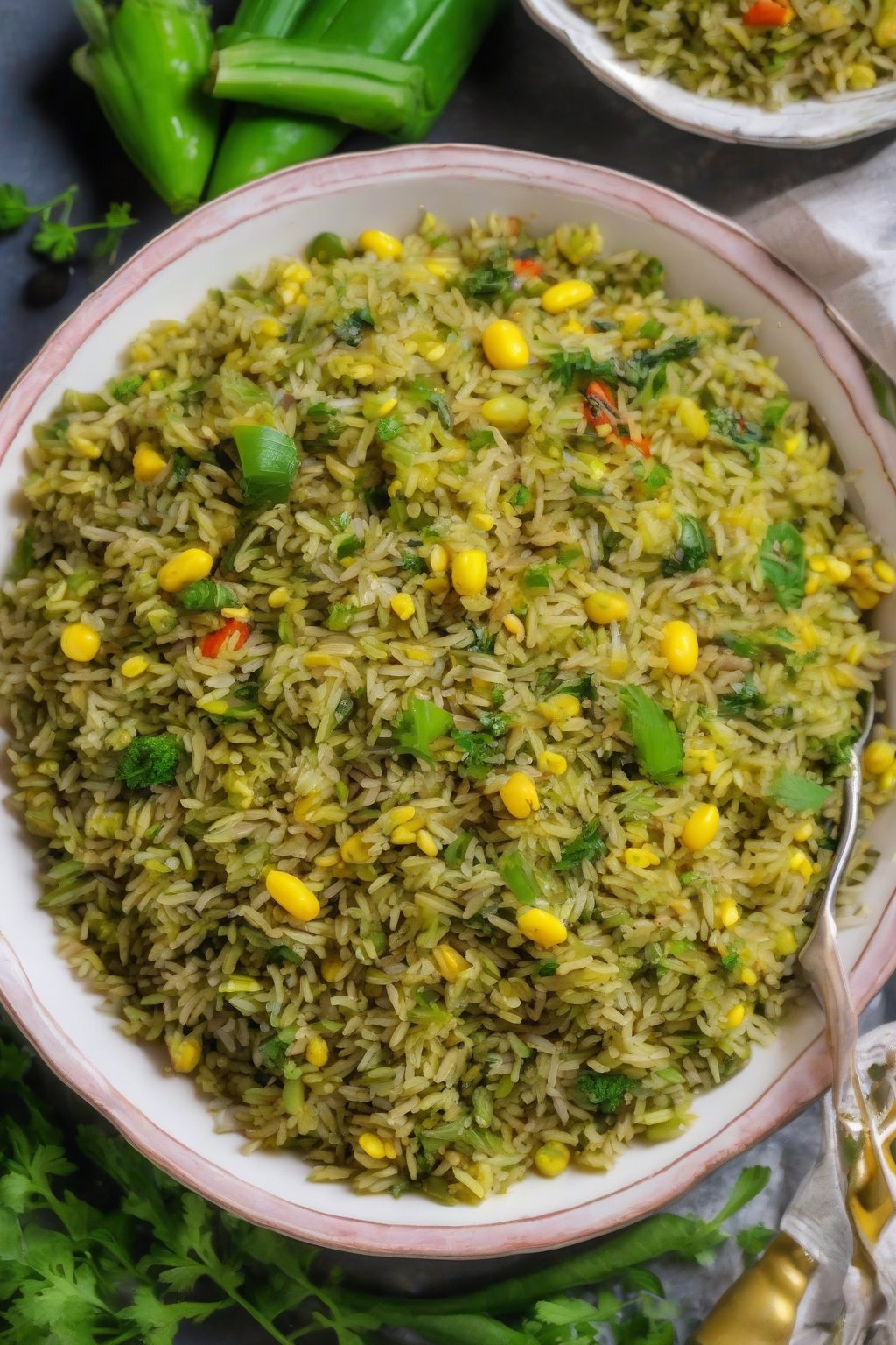 A close-up photo of vibrant green pudina veg pulao with corn kernels under soft lighting.