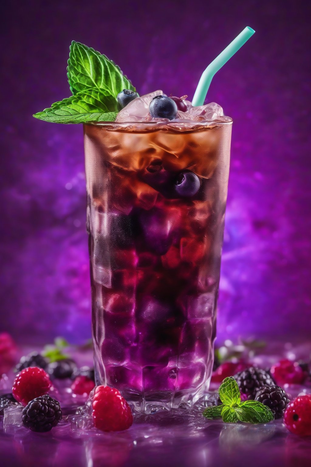 A high-resolution photo of berry iced coffee with floating berries and mint leaf, vibrant purple hues through ice, under soft lighting.