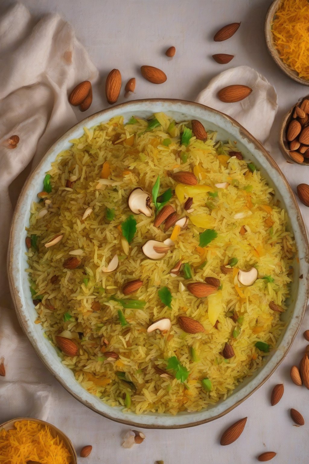 A close-up photo of golden saffron-infused veg pulao with almonds under soft lighting.