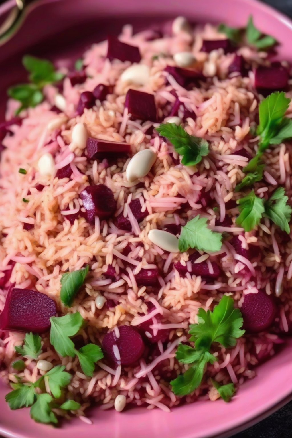 A close-up photo of pink beetroot yogurt pulao with beans under soft lighting.