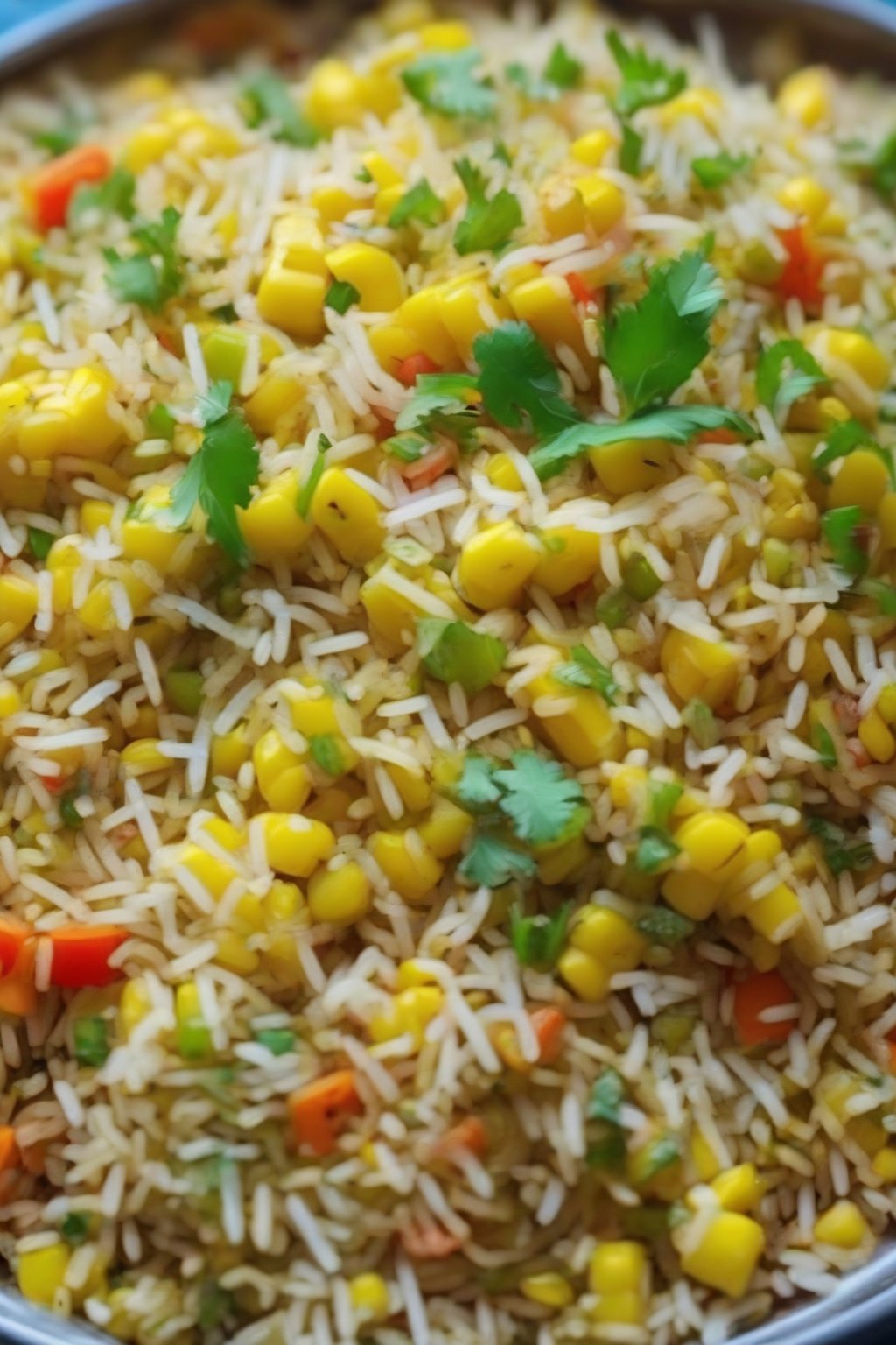 A close-up photo of colorful sweet corn veg pulao with capsicum under soft lighting.
