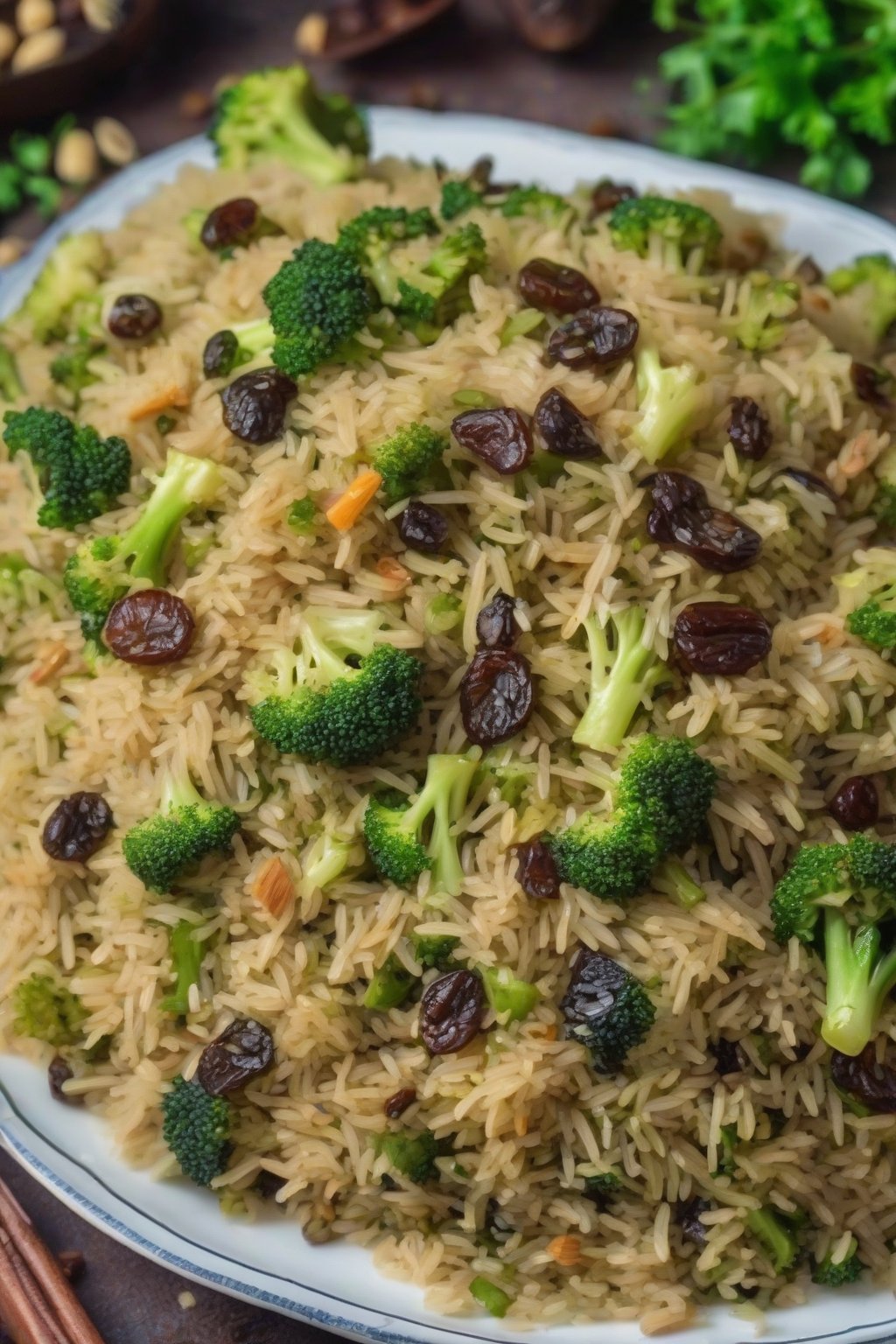 A close-up photo of nutty broccoli pulao with raisins under soft lighting.