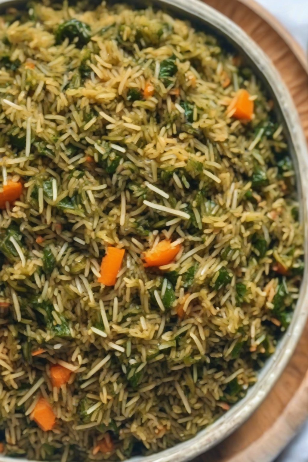 A close-up photo of green palak veg pulao with carrot flecks under soft lighting.