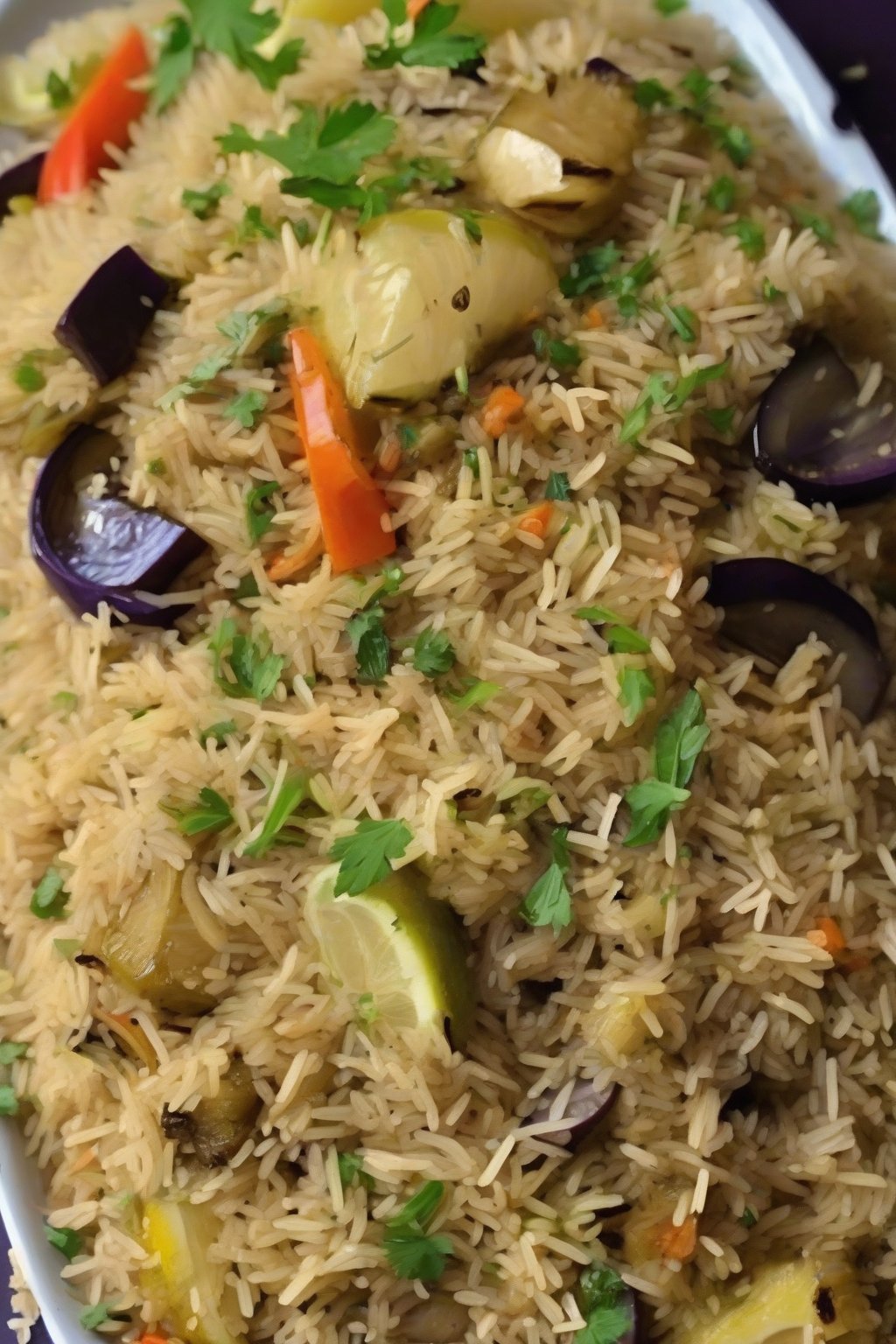 A close-up photo of zesty lemon grass veg pulao with eggplant under soft lighting.