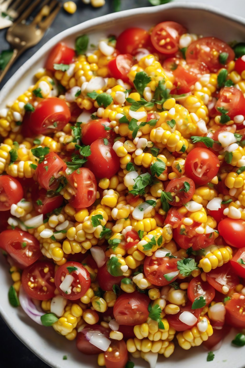 A high-resolution photo of a vibrant classic corn and tomato salad in a white bowl, kernels glistening with vinaigrette under soft lighting.