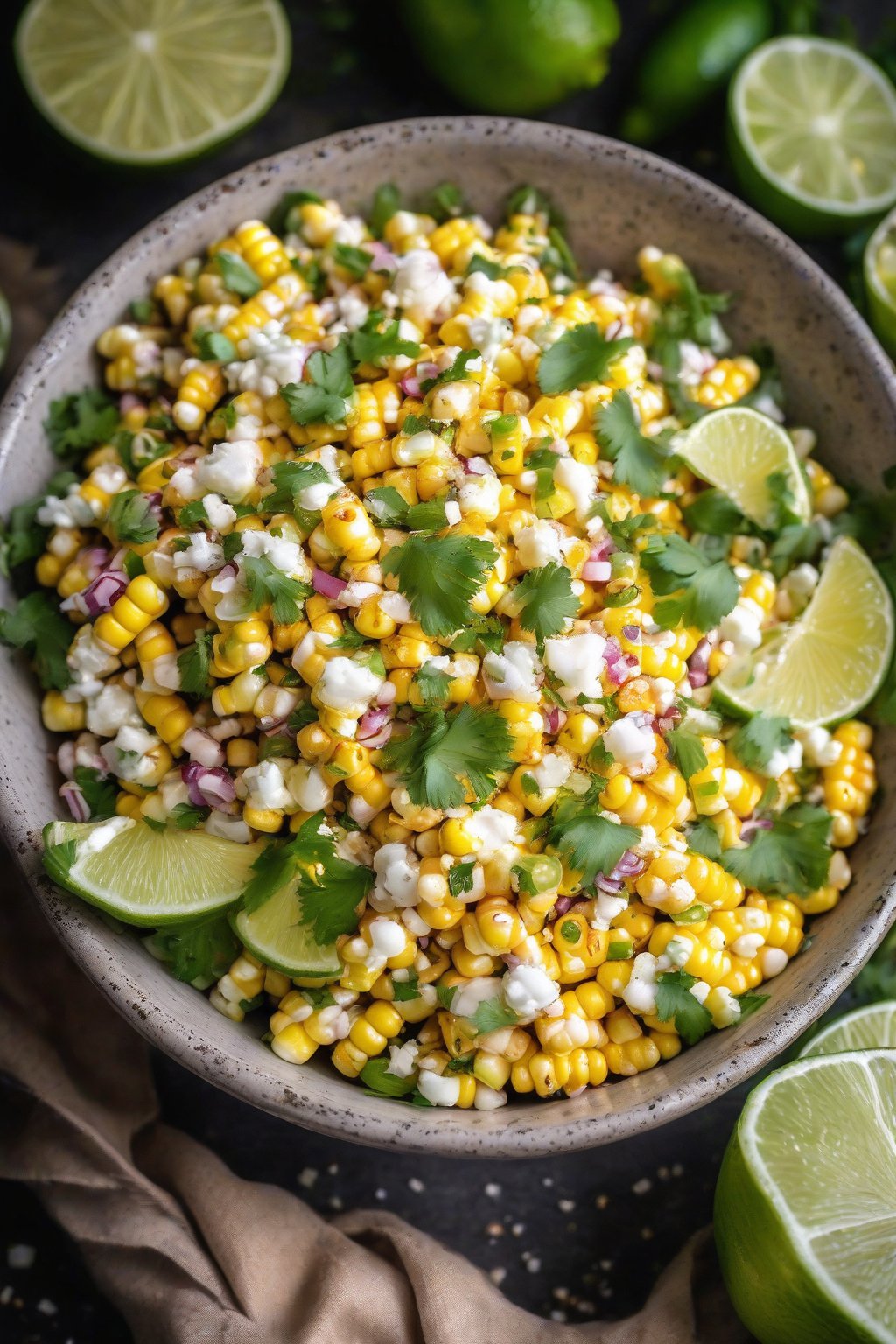 A high-resolution photo of Mexican street corn salad topped with cotija and lime wedges in a rustic bowl under soft lighting.