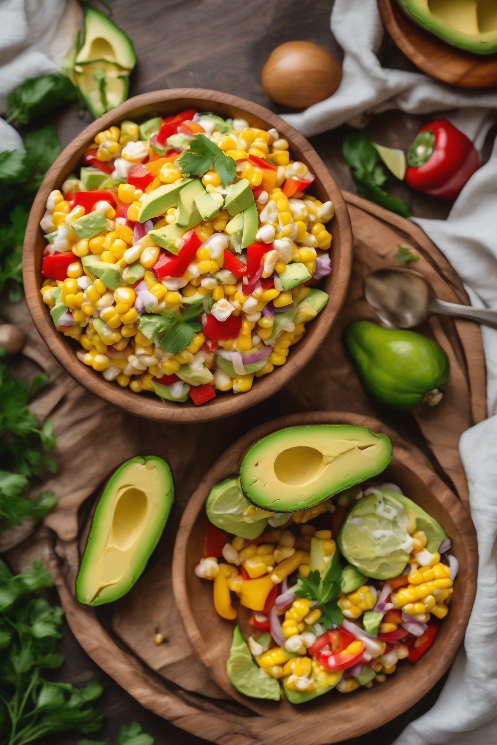 A high-resolution photo of creamy corn and avocado salad with colorful bell peppers in a wooden bowl under soft lighting.
