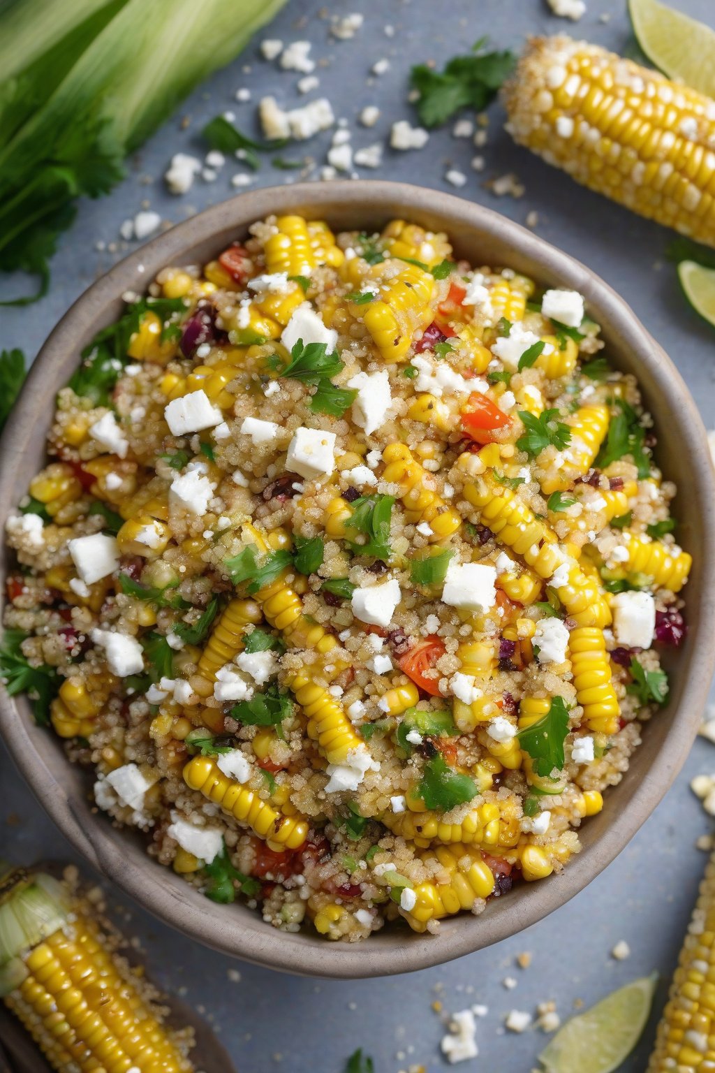 A high-resolution photo of grilled corn and quinoa salad sprinkled with feta in a modern bowl under soft lighting.
