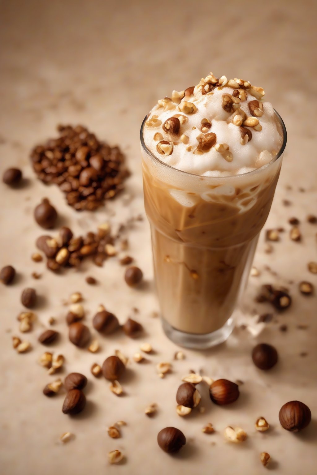 A high-resolution photo of hazelnut iced coffee garnished with crushed nuts and foam art, warm tones, under soft lighting.