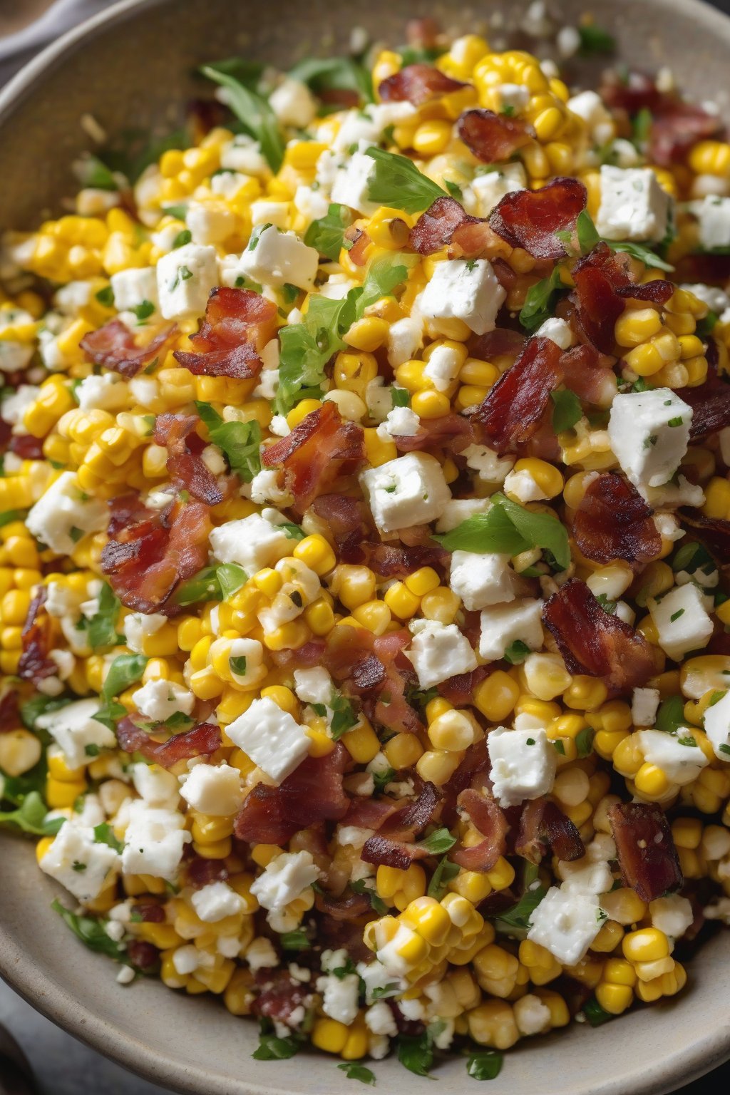 A high-resolution photo of corn salad with crispy bacon bits and feta chunks in a stoneware dish under soft lighting.