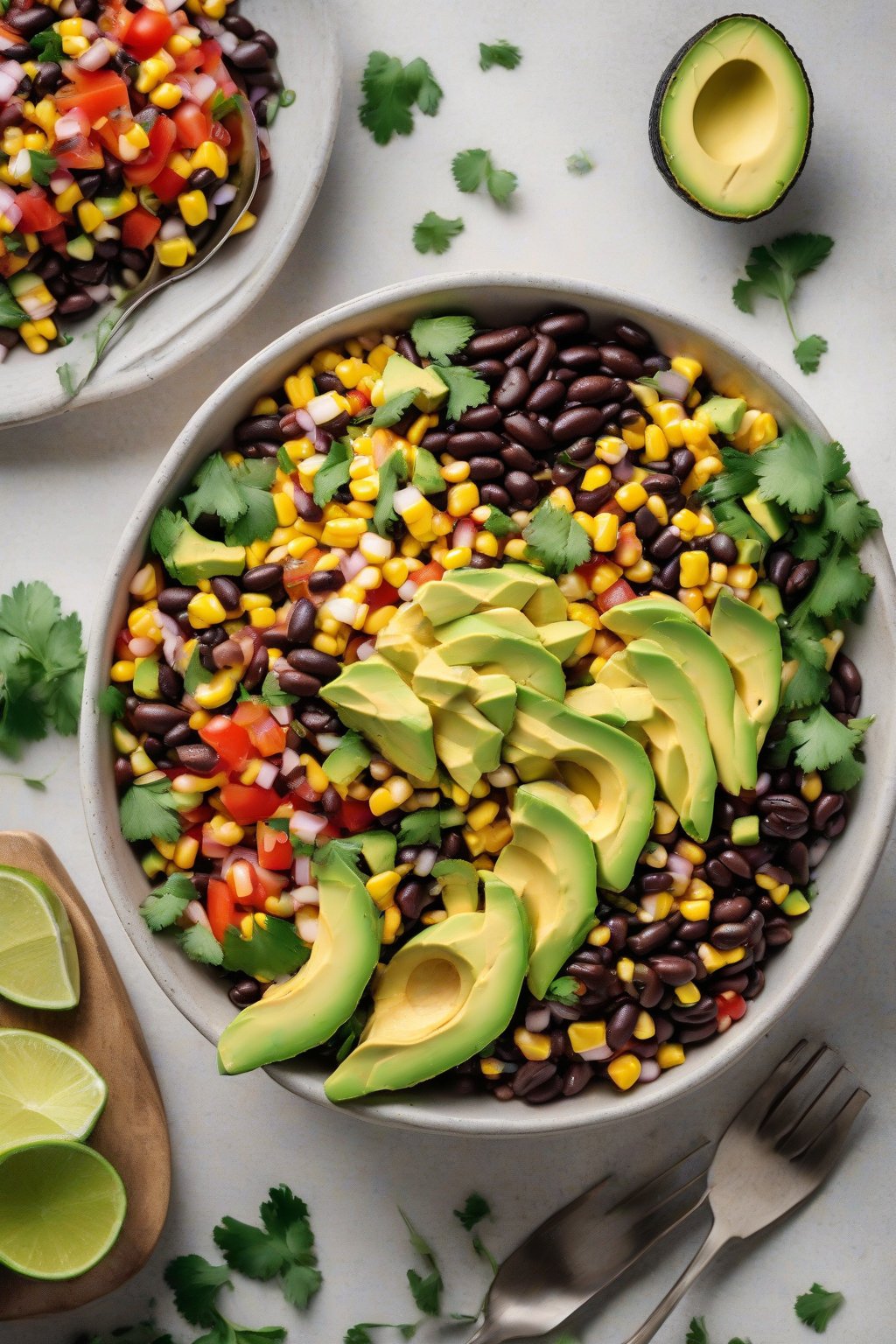 A high-resolution photo of colorful Southwestern corn and black bean salad with avocado slices under soft lighting.