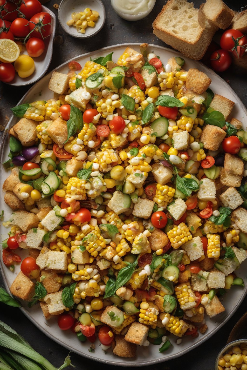 A high-resolution photo of fresh corn panzanella with golden bread chunks and veggies in a large platter under soft lighting.