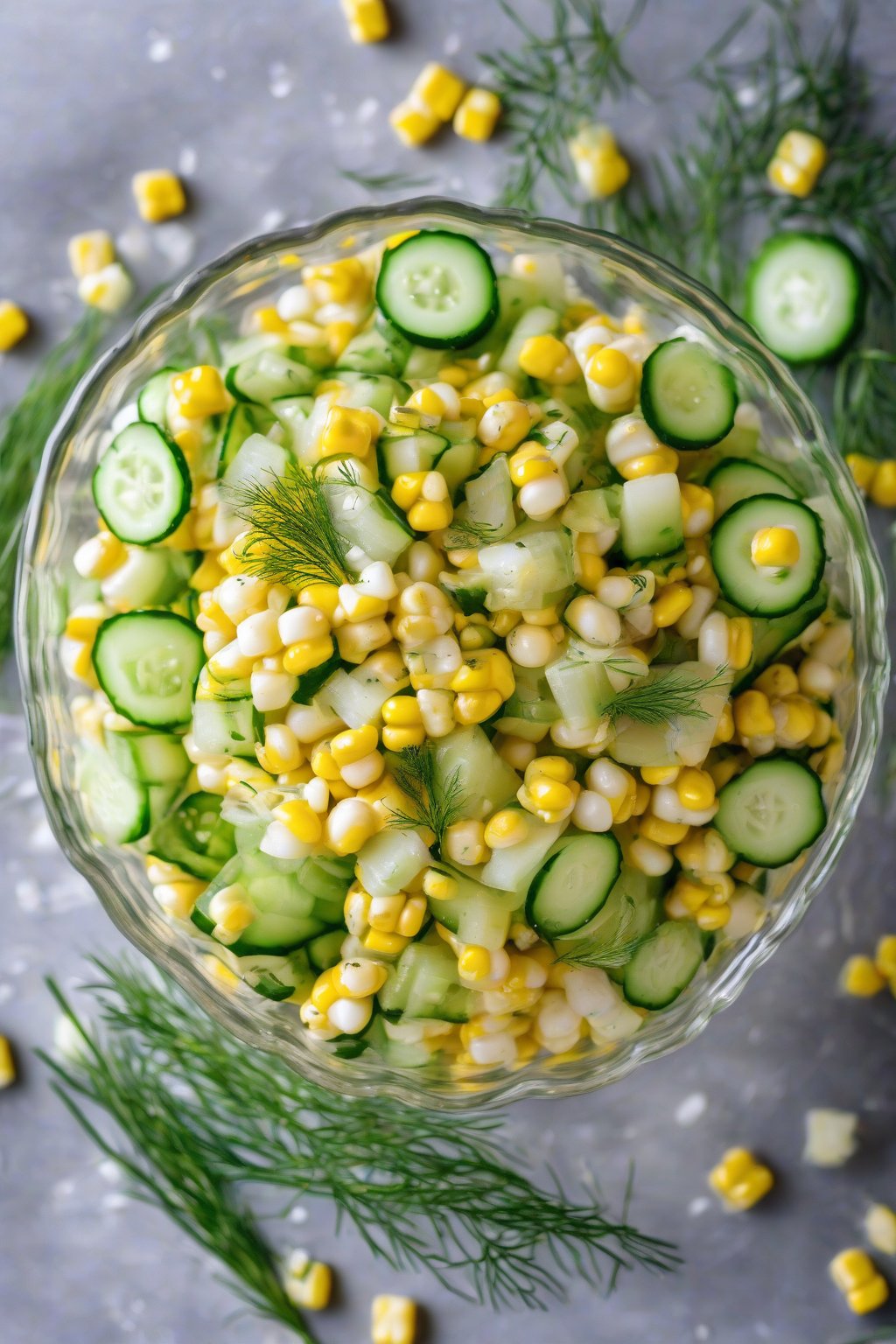 A high-resolution photo of crisp corn and cucumber salad garnished with dill sprigs in a glass bowl under soft lighting.