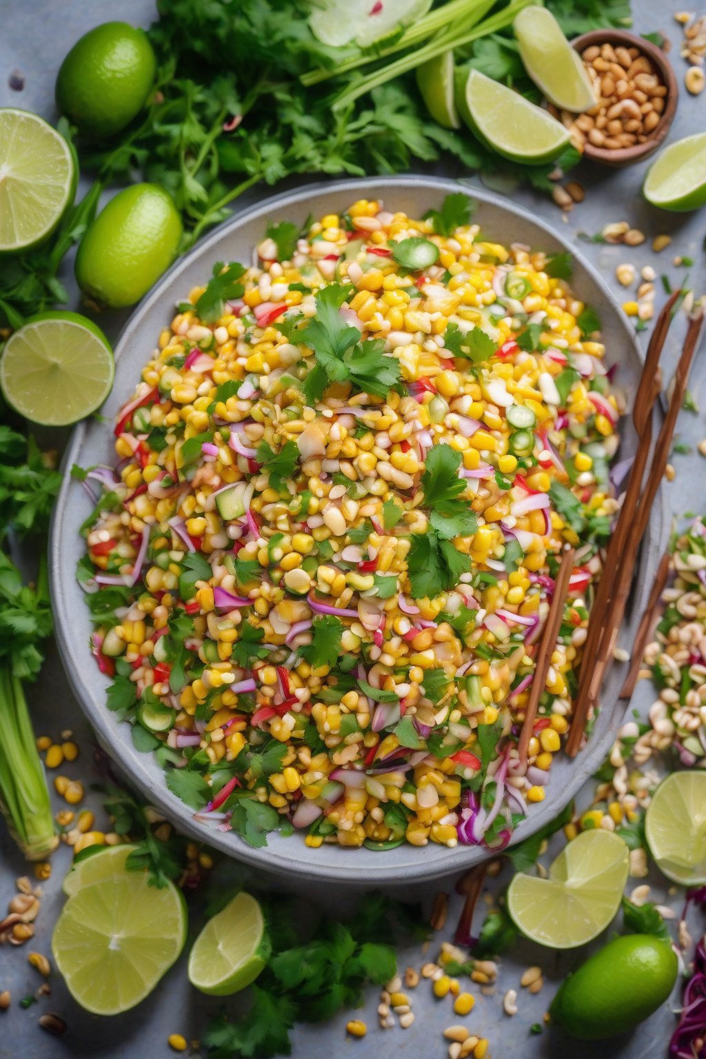 A high-resolution photo of vibrant Thai corn salad with crushed peanuts and lime under soft lighting.