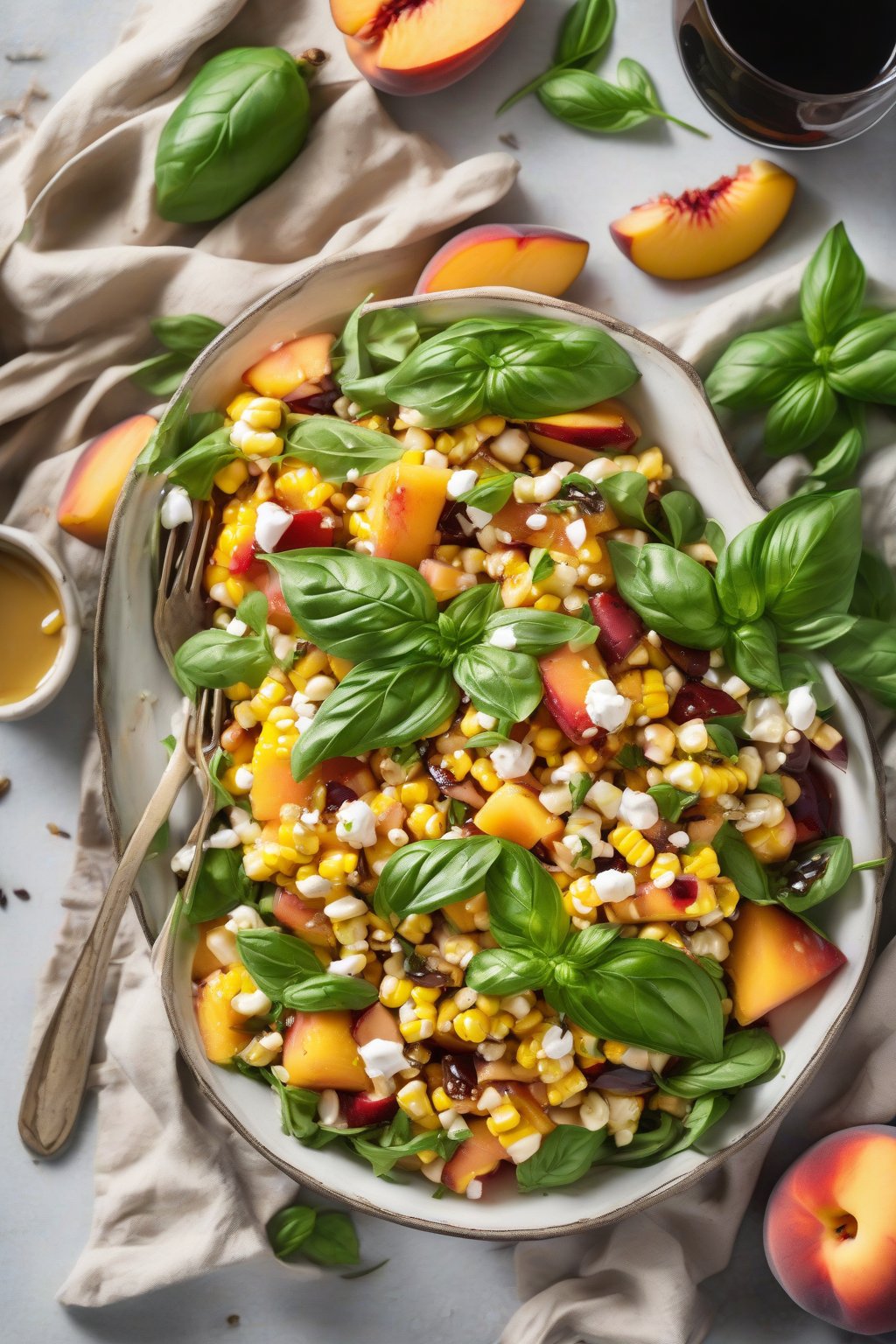 A high-resolution photo of juicy corn, peach, and basil salad drizzled with balsamic in a summer-hued bowl under soft lighting.