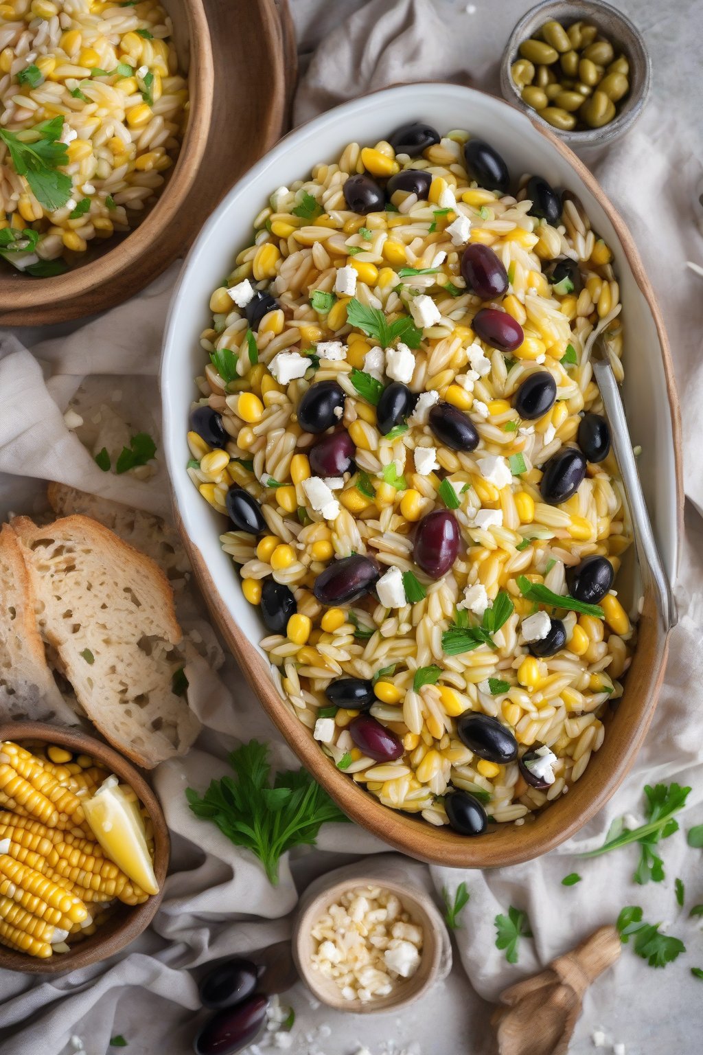 A high-resolution photo of Mediterranean corn orzo salad with olives and feta in a vibrant bowl under soft lighting.