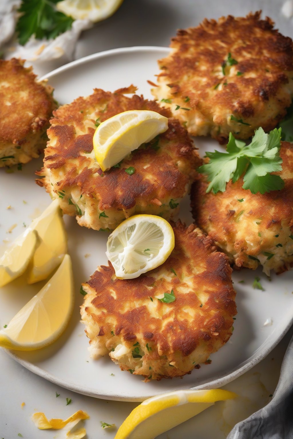 A high-resolution photo of golden, crispy Classic Maryland-Style Crab Cakes on a white plate with lemon wedges, under soft lighting.