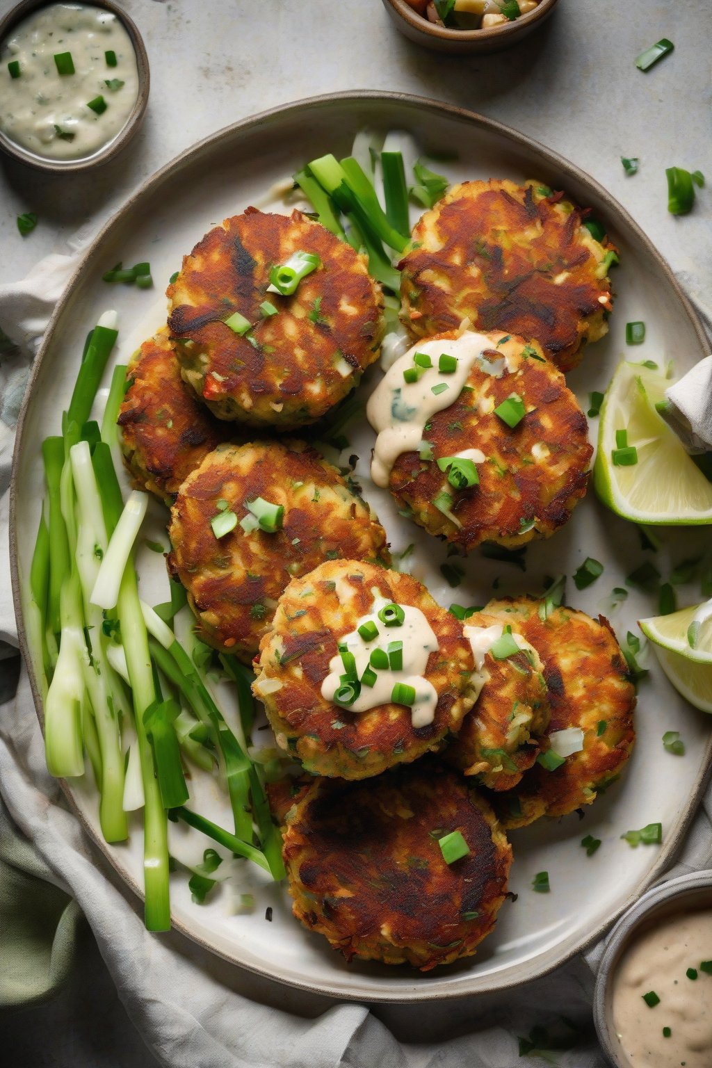 A high-resolution photo of Spicy Cajun Crab Cakes with charred edges and a remoulade drizzle, garnished with green onions, under soft lighting.