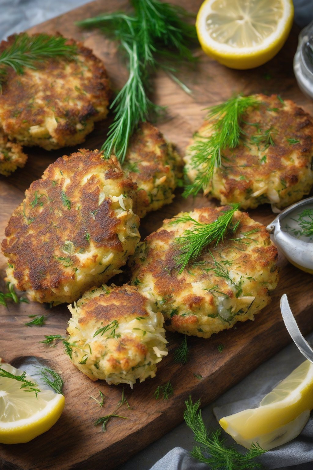 A high-resolution photo of Lemon Herb Crab Cakes topped with fresh dill and lemon slices, on a rustic wooden board, under soft lighting.
