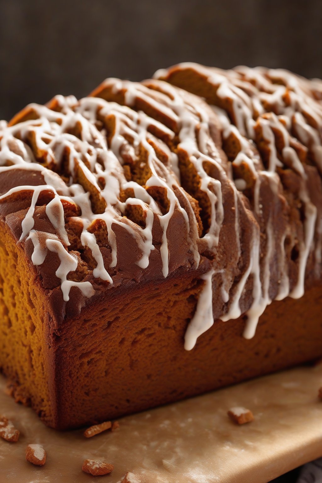 A high-resolution close-up photo of gingerbread pumpkin loaf with a crackly top and deep orange interior, under soft lighting.