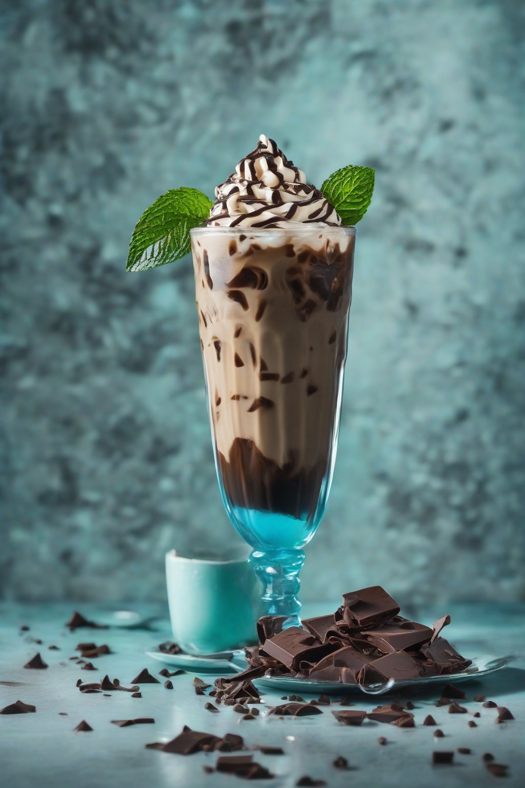A high-resolution photo of peppermint mocha iced coffee with chocolate shavings and mint sprig, cool blue tones on glass, under soft lighting.