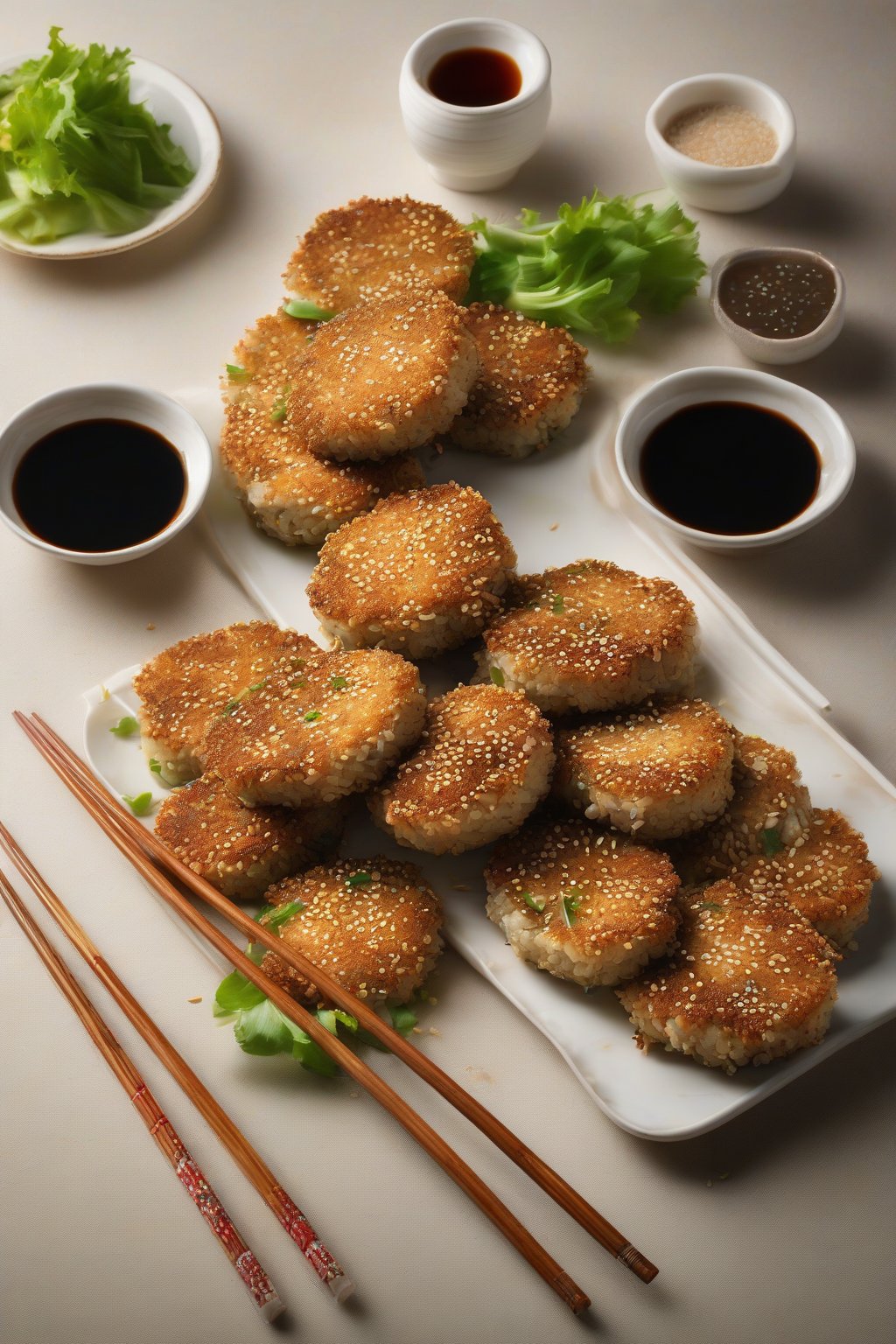 A high-resolution photo of Sesame Crab Cakes with a glossy sear and sesame seed crust, beside chopsticks and soy dipping sauce, under soft lighting.