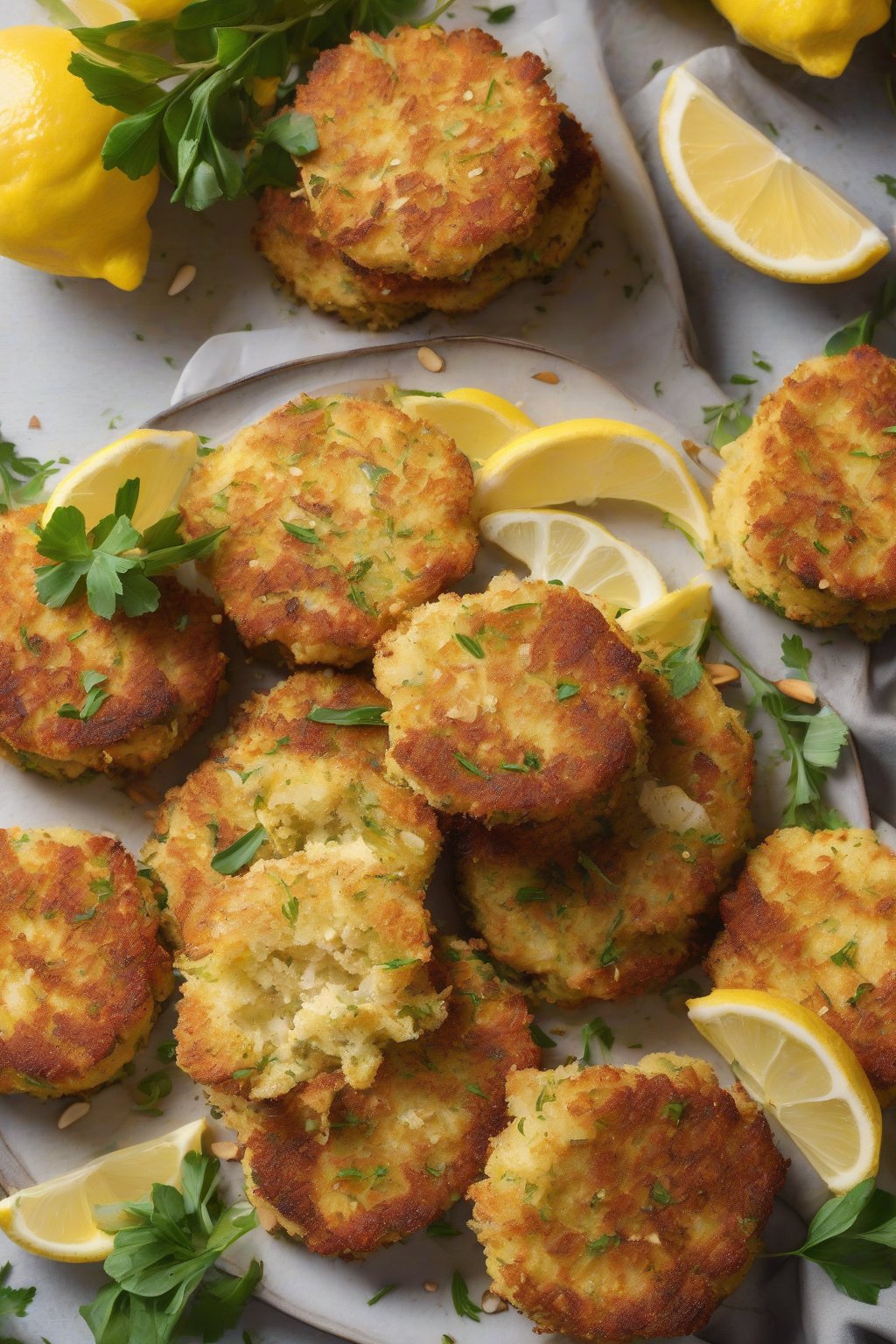 A high-resolution photo of Gluten-Free Almond Flour Crab Cakes stacked neatly with a golden crust, lemon on the side, under soft lighting.