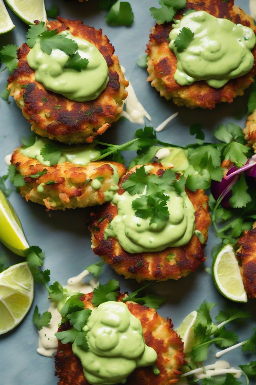 A high-resolution photo of Crab Cakes topped with vibrant green Avocado Aioli, fresh cilantro garnish, under soft lighting.