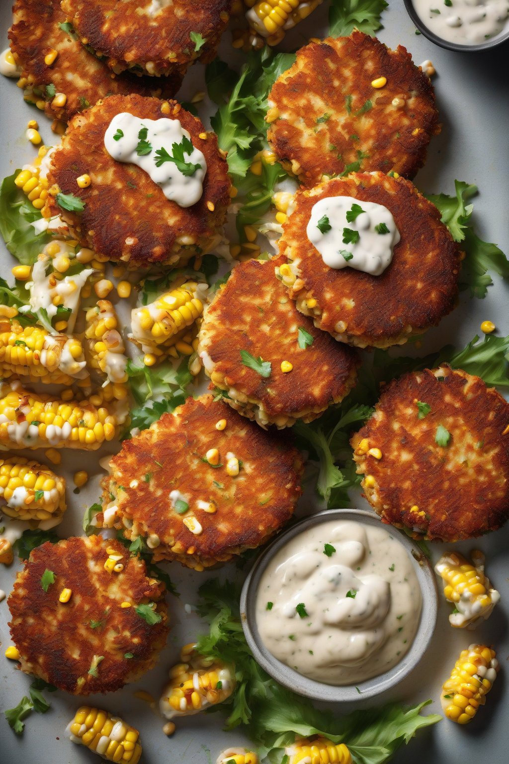A high-resolution photo of Old Bay Crab Cakes studded with corn kernels, served with tartar sauce, under soft lighting.