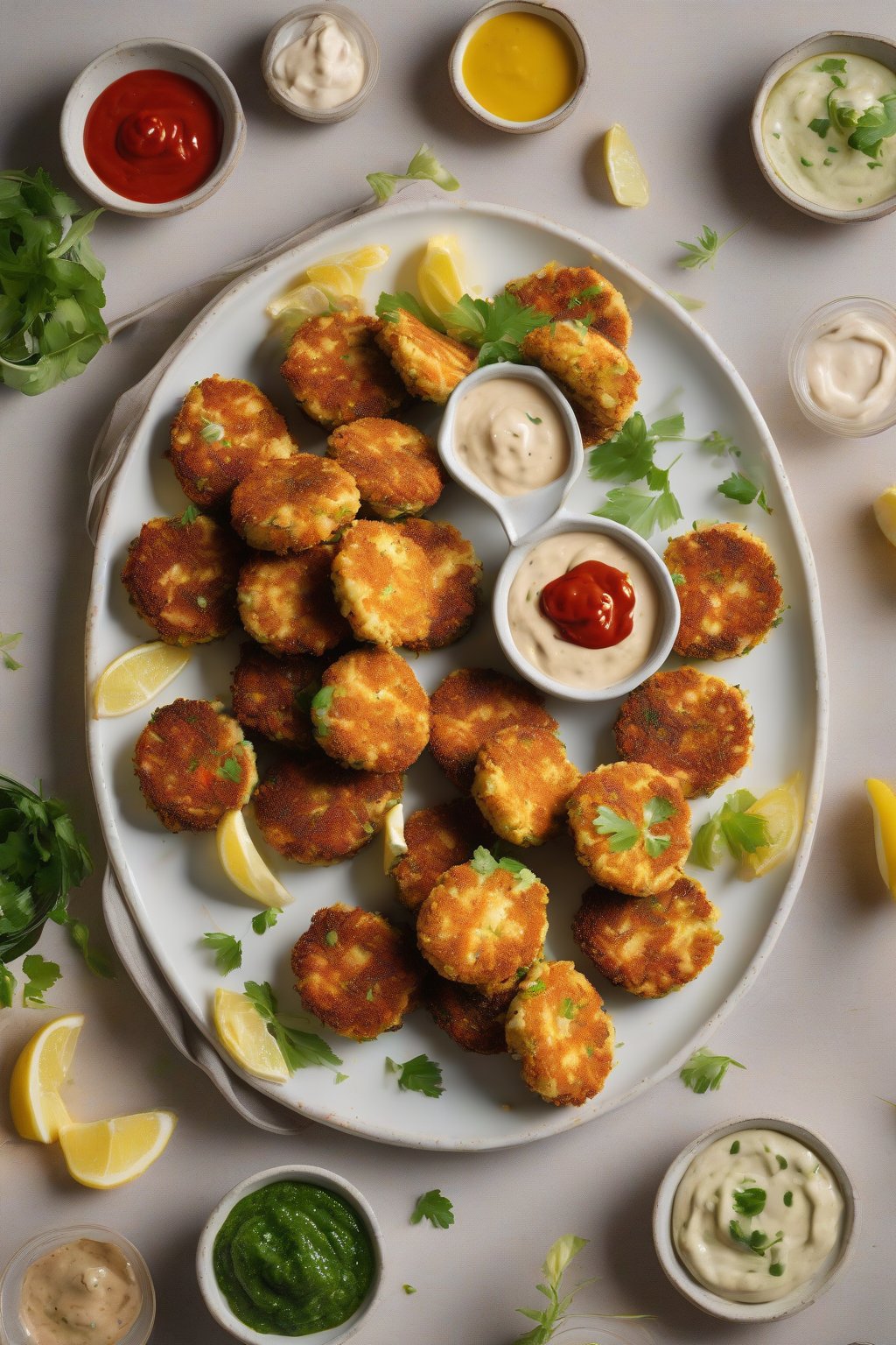 A high-resolution photo of golden Mini Crab Cakes arranged on a platter with dips, under soft lighting.