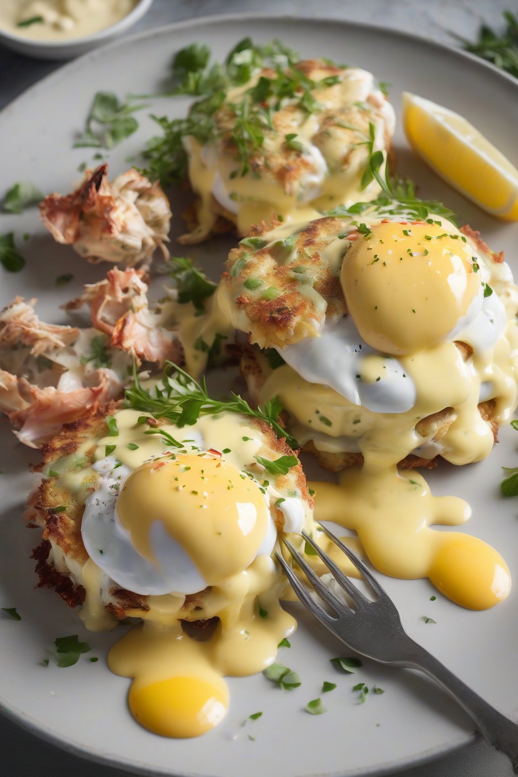 A high-resolution photo of Crab Cake Eggs Benedict with runny yolks and hollandaise drizzle, under soft lighting.