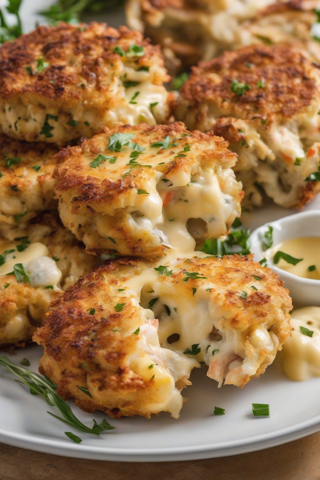 A high-resolution photo of Cheesy Stuffed Crab Cakes sliced to show gooey cheese center, under soft lighting.