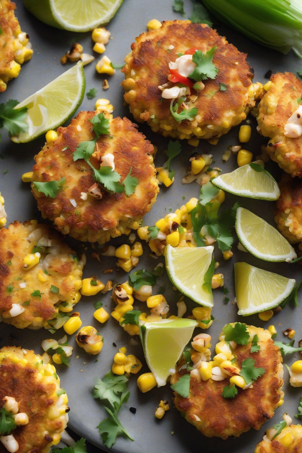 A high-resolution photo of Sweet Corn and Crab Cakes with charred corn bits visible, lime wedges nearby, under soft lighting.