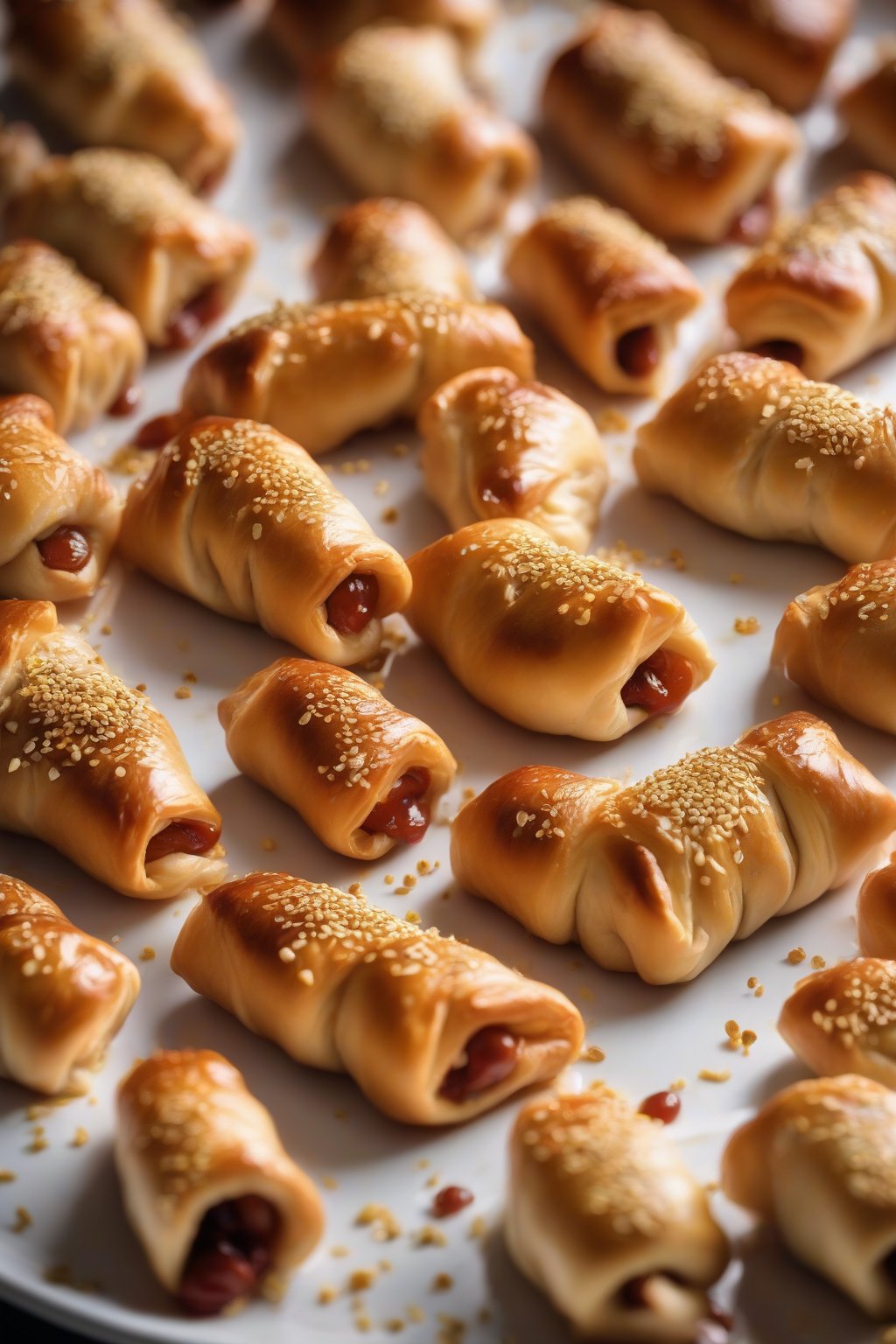 A high-resolution photo of golden classic pigs in a blanket on a white platter, sprinkled with sesame seeds, under soft lighting.